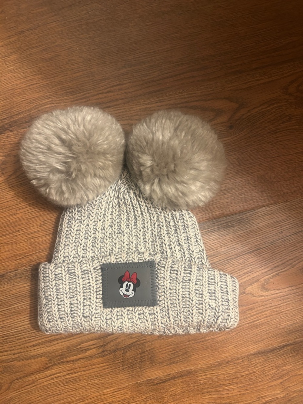Disney Minnie Mouse Knit Beanie with Faux Fur Pom Poms - Light Gray